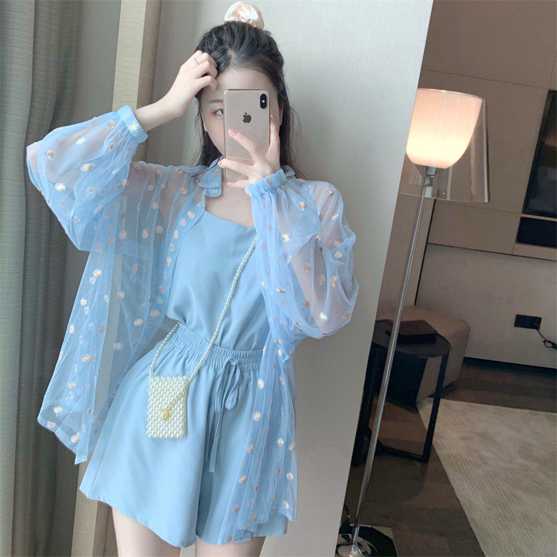 Set bộ quần áo 2 dây mix áo von hoa cúc trắng