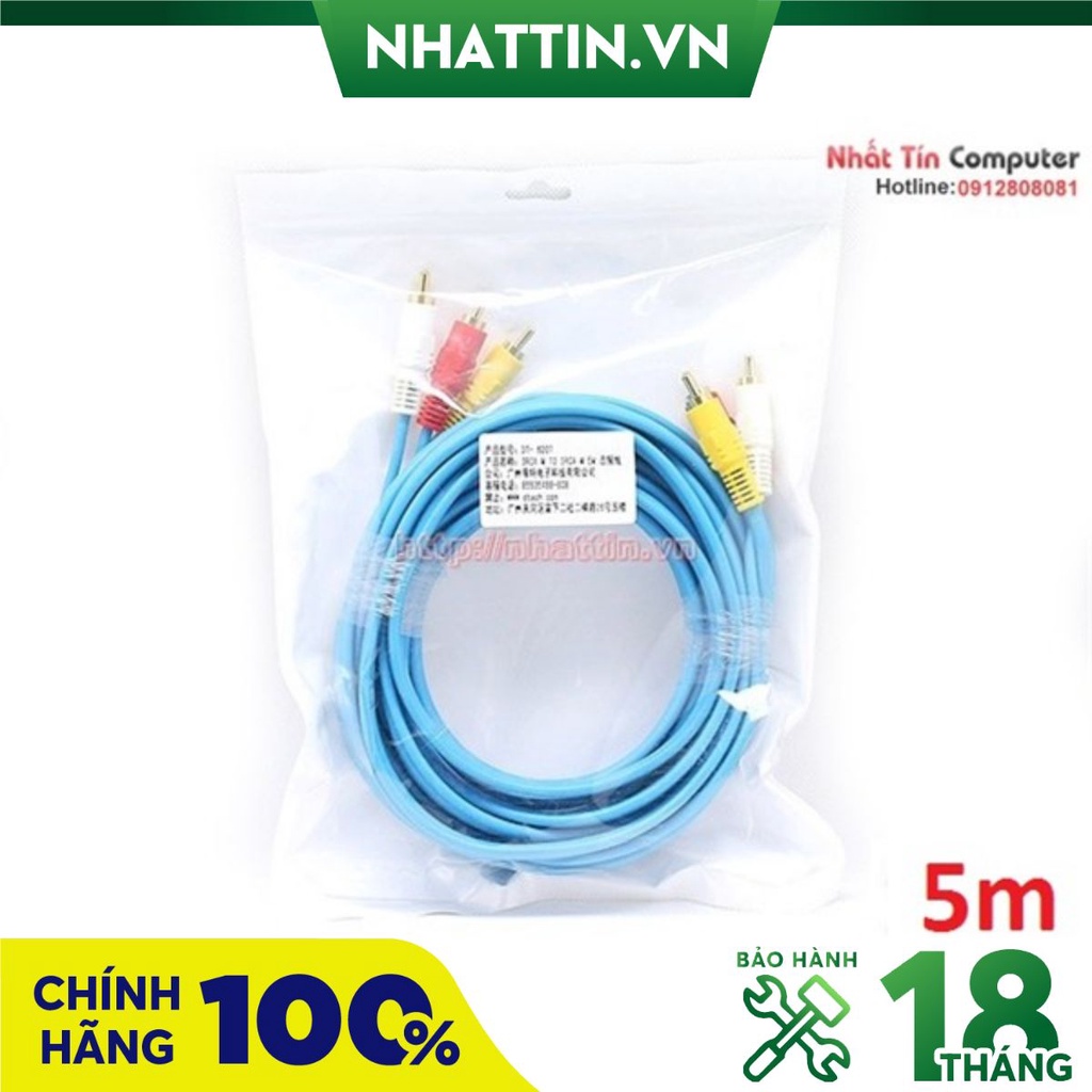 Dây loa AV 3-3 dài 5m Dtech DT-6207. Đầu mạ vàng 24K chính hãng