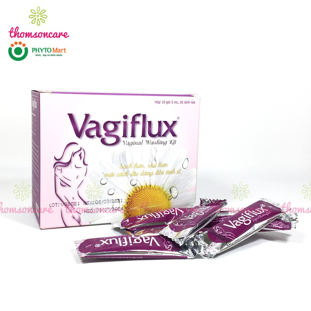 Bình rửa vệ sinh phụ nữ Vagiflux gồm 1 bình rửa và 10 gói muối, tạo thành dung dịch vệ sinh rửa phụ khoa sâu