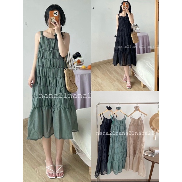 Váy tơ 2 dây maxi kèm dây buộc tóc Hàn Quốc, Đầm maxi nhăn 2 lớp - Dorita Boutique