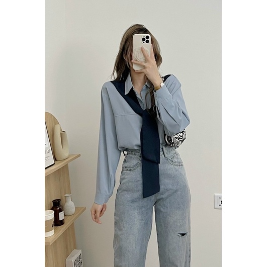 [HÀNG SẴN]ÁO SƠMI KÈM KHĂN DÀI TAY STYLE ulzzang siêu xinh