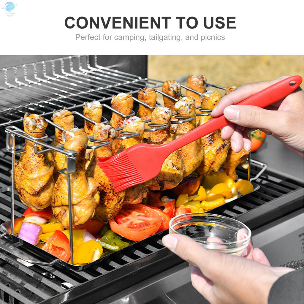 O&G Chicken Leg Wing Rack 14 Slots Stainless Steel Metal Roaster Stand with Drip Tray for Smoker Grill Oven BBQ Picnic