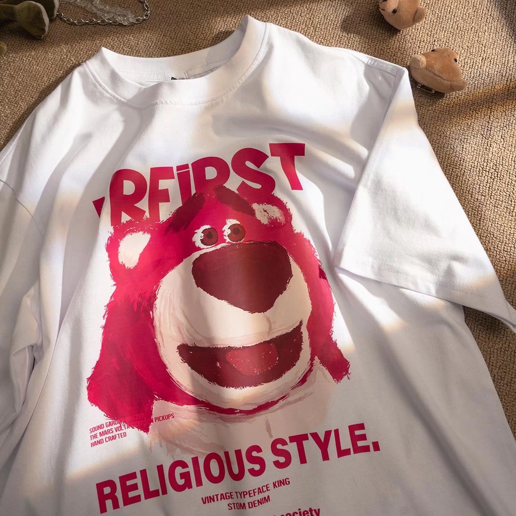 Áo Thun Tay Ngắn Dáng Rộng In Hình Gấu Dâu Tây Dễ Thương Thời Trang Cho Cặp Đôi