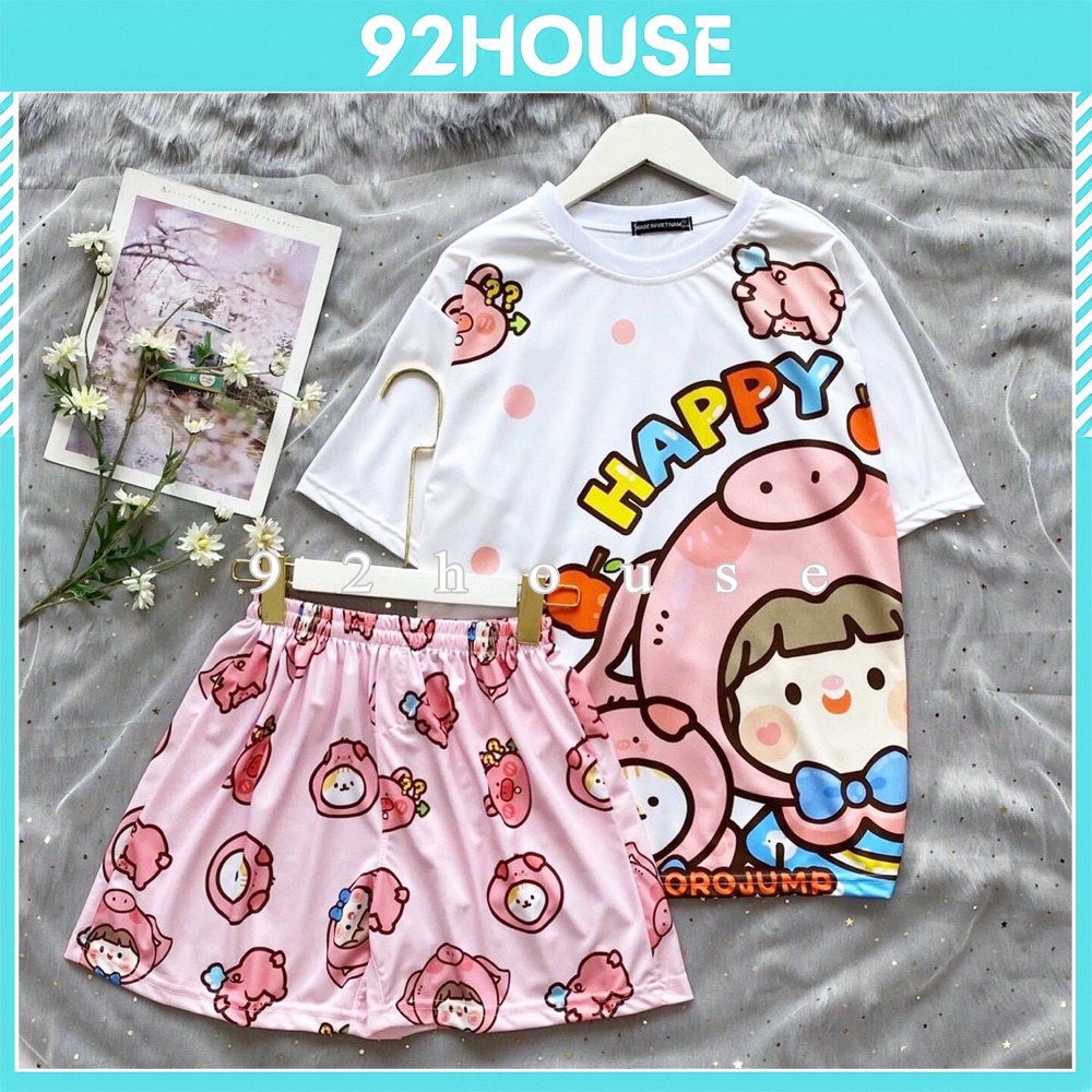 Đồ bộ cartoon hoạt hình bé heo hồng tay lỡ form rộng / Set bộ unisex freesize