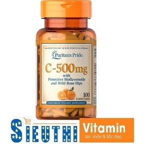 [CHÍNH HÃNG] Vitamin C 500mg Bioflavonoids & Rose Hips nhanh liền sẹo, mờ vết thâm Puritan’s Pride 100 viên 430