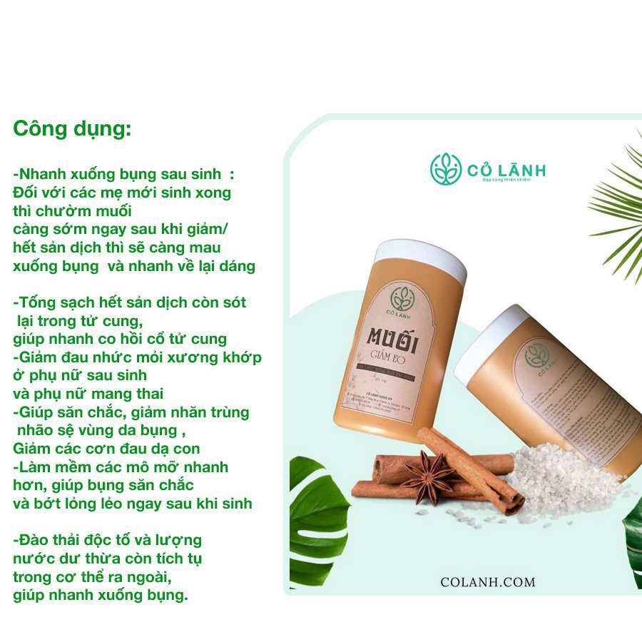 Muối chườm bụng Cỏ Lành - hộp 1kg. Cho mẹ sau sinh giảm mỡ và săn chắc vùng bụng, tống sạch sản dịch