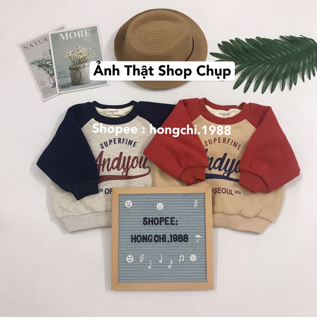 Áo nỉ lót lông phối màu cho bé gái/ trai - Hàng thu đông Ambb Kids 1-7 tuổi (có clip, ảnh thật)