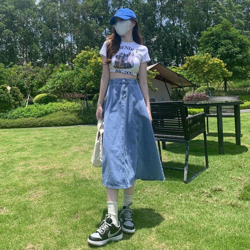 Chân váy jean Chữ A Lưng Cao Co Giãn Thời Trang Mùa Hè Dành Cho Nữ