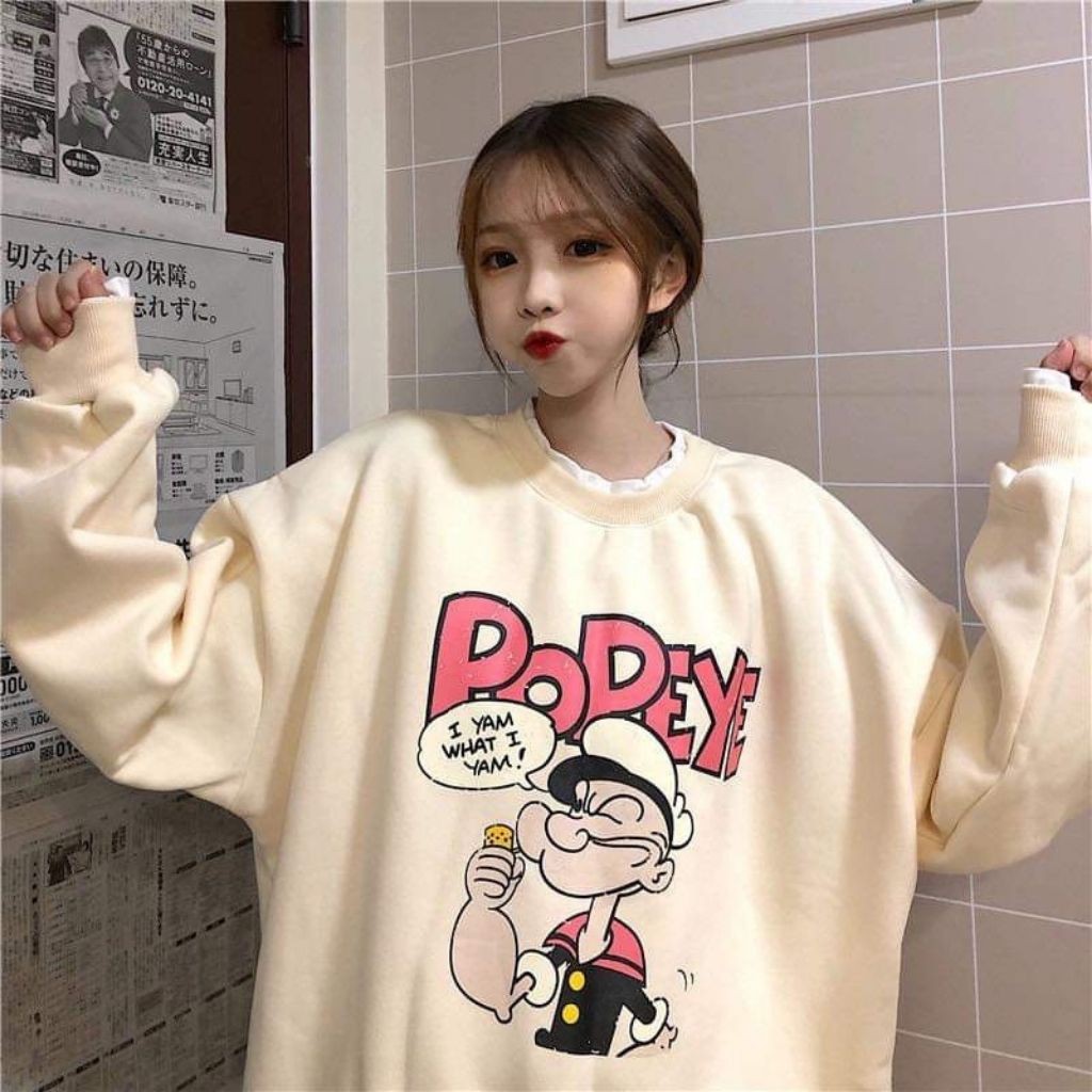 ÁO SWEATER NỈ UNISEX POPEYE NỮ MÀU KEM CỰC ĐEP, CHẤT VẢI DÀY,GIỮ ẤM CỰC TỐT