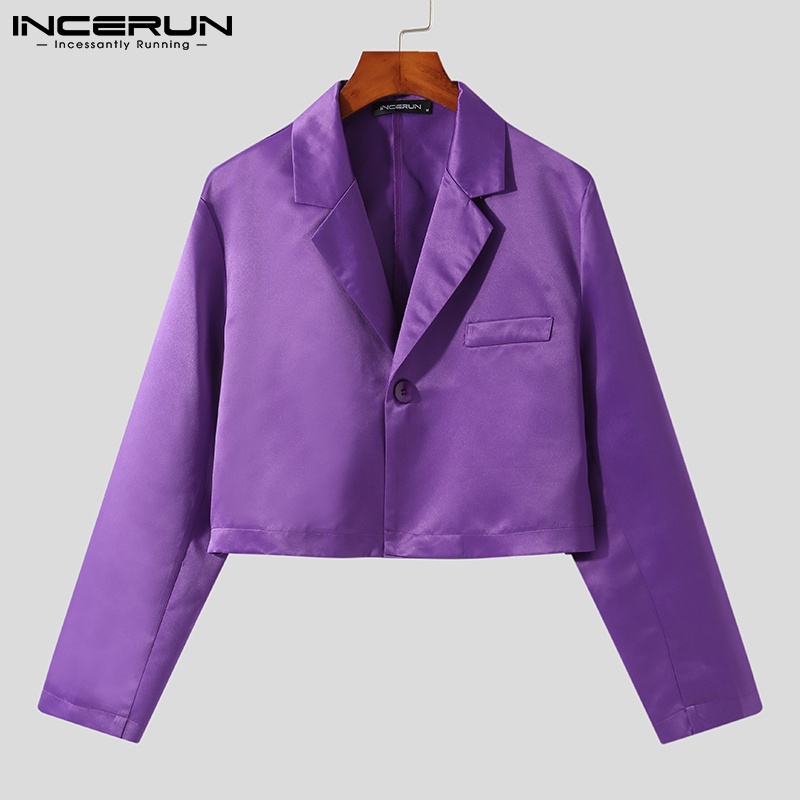 Áo blazer croptop INCERUN có ve áo tay dài màu trơn phong cách Hàn Quốc thời trang cho nam