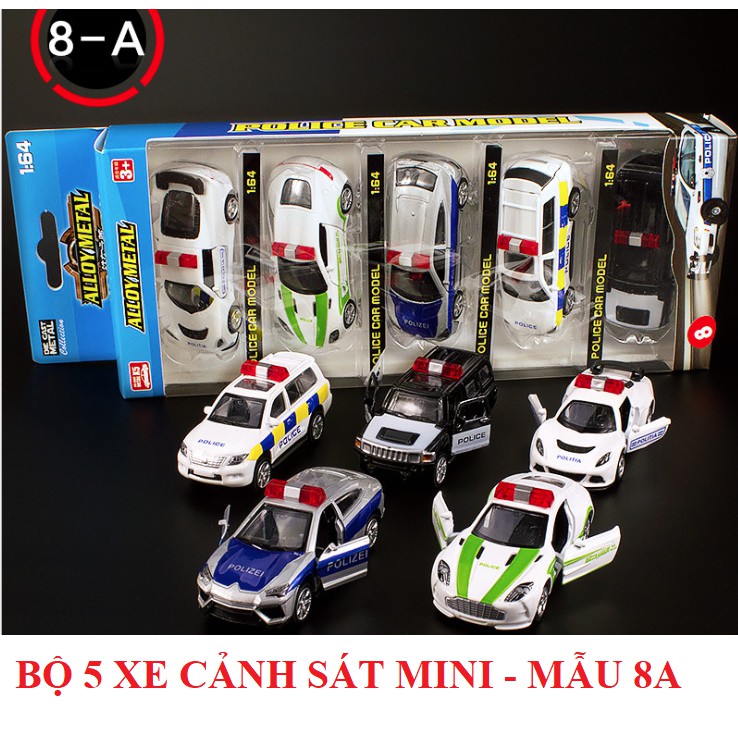 Bộ 5 xe ô tô cảnh sát mini bằng sắt đồ chơi trẻ em chạy cót xe mở được cửa