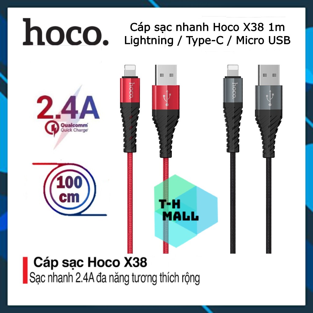 [Mã 2404EL10K giảm 10K đơn 20K] Dây cáp sạc nhanh Hoco X38 cổng Lightning / Type-C / Micro USB dài 1M