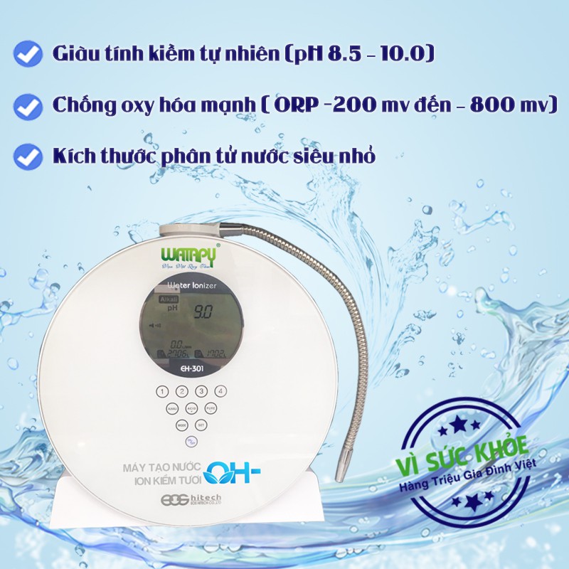 Máy Tạo Nước Ion Kiềm Tươi OH- EH301 Có Đế Đặt Bàn Không Khoan Tường Với 9 Độ PH Uống Được Cho Cả Người Lớn Và Trẻ Em