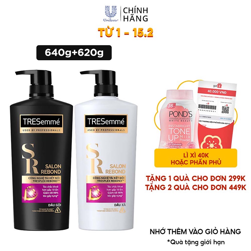 Combo Gội 640g, Xả 620g Tresemme Salon Rebond Cho Tóc Hư Tổn Do Tạo Kiểu Công Nghệ Tái Kết Nối Giúp Ngăn Gãy Rụng Tóc