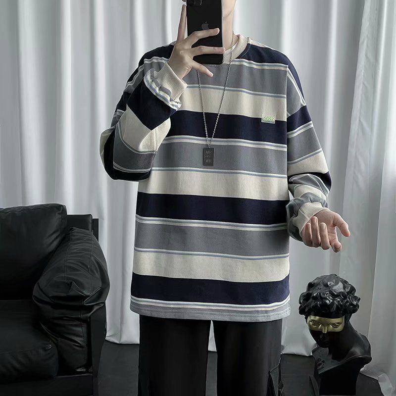Áo Thun Nam Tay Dài Dáng Rộng Họa Tiết Sọc Phong Cách Hàn Quốc
