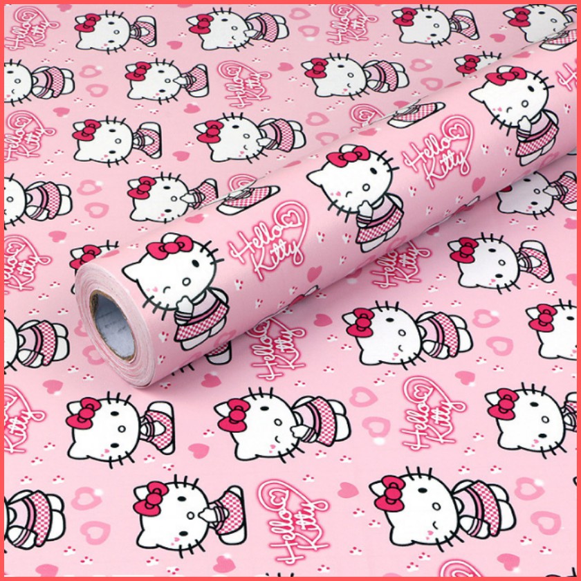 Giấy dán tường hello kitty màu hồng khổ rộng 45cm có sẵn keo, Decal giấy dán tường màu hồng dễ thương - Lala Mart