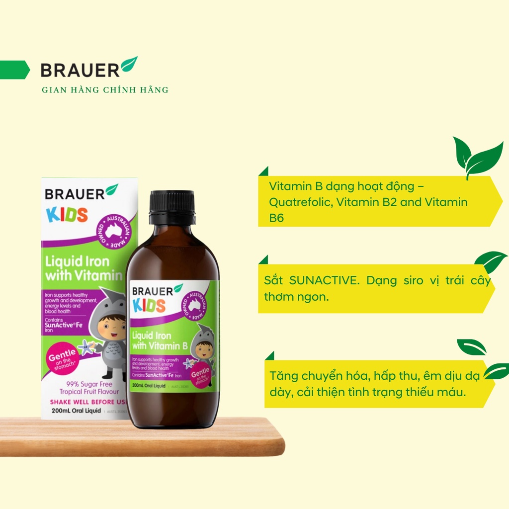 Thực phẩm Brauer Kids Liquid Iron with vitamin B bổ sung Sắt và vitamin B cho trẻ từ 1 tuổi (200ml)