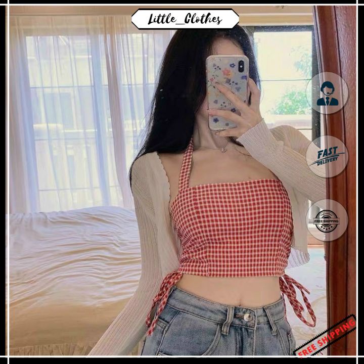 Áo yếm croptop ôm body 🔥FREESHIP🔥 áo caro cột dây cổ rút dây 2 bên eo