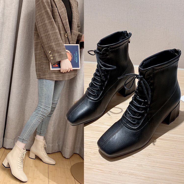 Boot Nữ Cao cổ Dây Buộc, khóa kéo Gót Vuông 5cm, BN-D31-CG | BigBuy360 - bigbuy360.vn