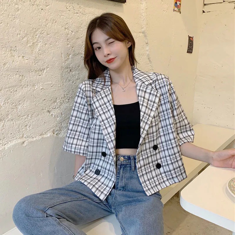 Hot! Áo sơ mi ngắn tay kẻ caro cổ vest dáng lửng cá tính - 803