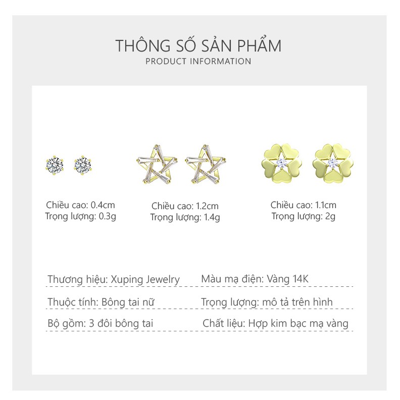 Set 3 Đôi Bông Tai Nữ Mạ Vàng 14K, Phong Cách Hàn Quốc - XPSET303