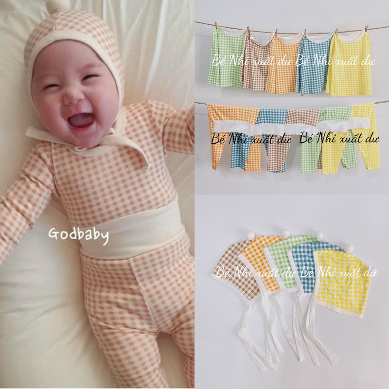 Bộ quần áo thun lạnh cạp cao dài tay caro Tặng kèm nón cục bông cho bé trai bé gái/Bộ thu đông cho bé/thun lạnh cho bé