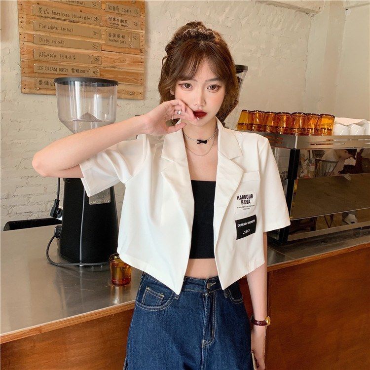 Áo Khoác blazer Tay Ngắn Dáng Rộng Màu Đen Phong Cách Hàn Quốc Thời Trang Mùa Hè Cho Nữ | BigBuy360 - bigbuy360.vn