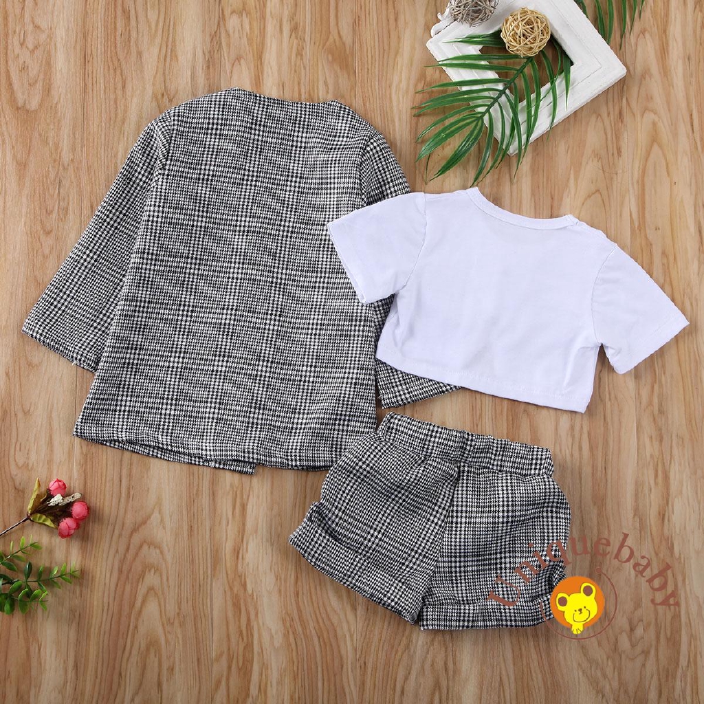 ☀UniBaby Girls Kids Plaid Short Sleeve Tops Pants Coat Formal Outfit Clothes 3PCS