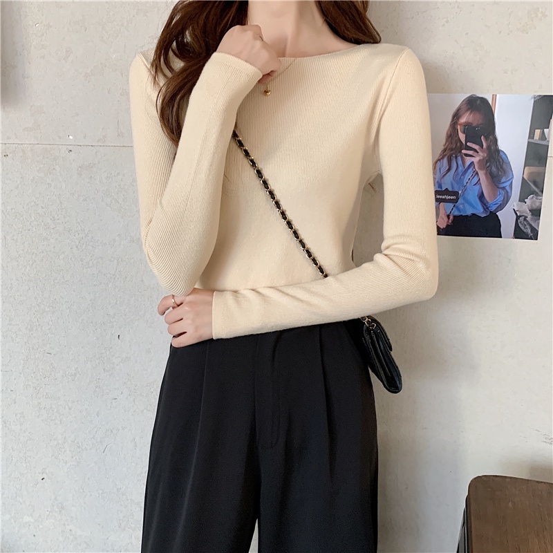 Áo dệt kim ZHELIHANGFEI 1 mảnh dài tay cổ chữ V dáng ôm dễ phối đồ