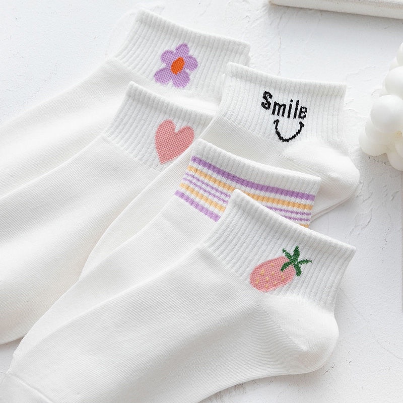 Tất nữ cổ ngắn tất màu trắng hoạ tiết đáng yêu, vớ cổ ngắn phong cách lolita tất lười chống tuột unisex
