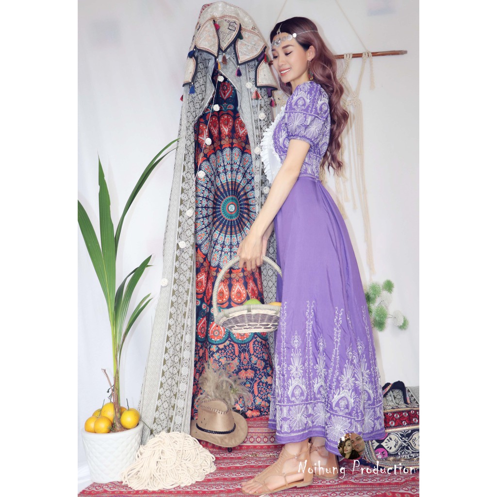 Đầm váy vintage ulzzang công chúa tiểu thư bánh bèo Bohemian thêu hoa maxi boho dáng dài xòe đi biển đẹp rẻ hotgirl