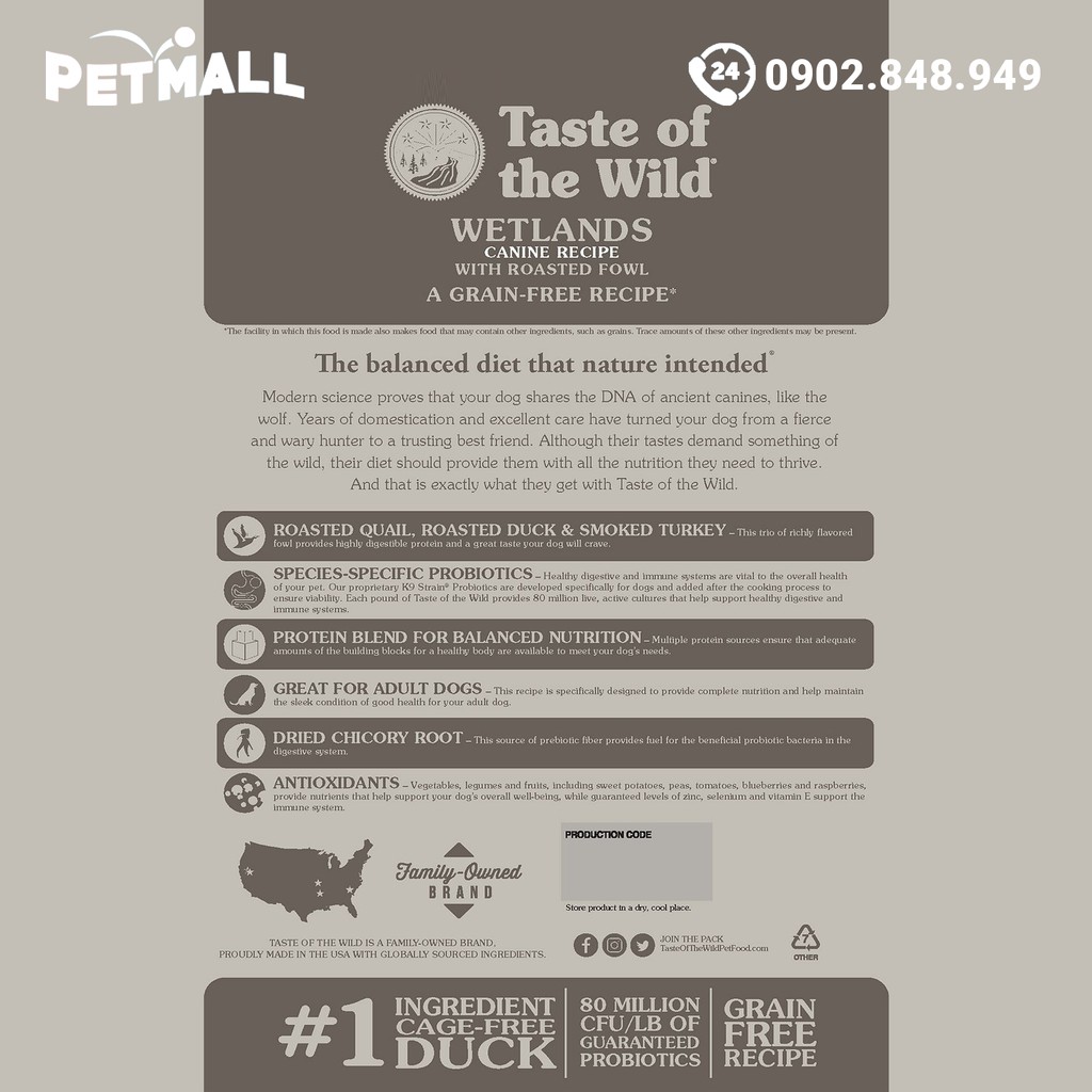 Thức ăn chó Taste Of The Wild Wetlands 2kg - Wild Fowl, Chim cút, vịt nướng &amp; gà tây xông khói, mọi lứa tuổi Petmall