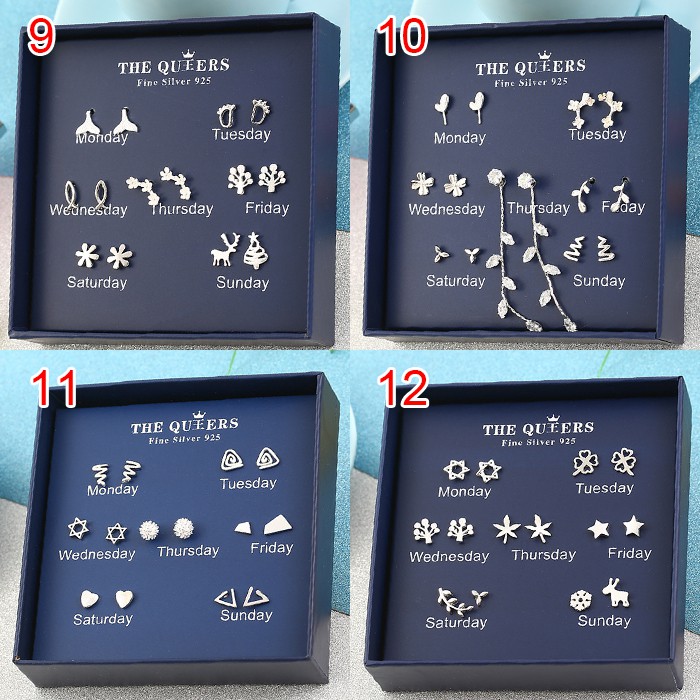 7 đôi Bông tai đinh tán bạc 925 bông tai anting nữ đinh tán Bộ trang sức hộp