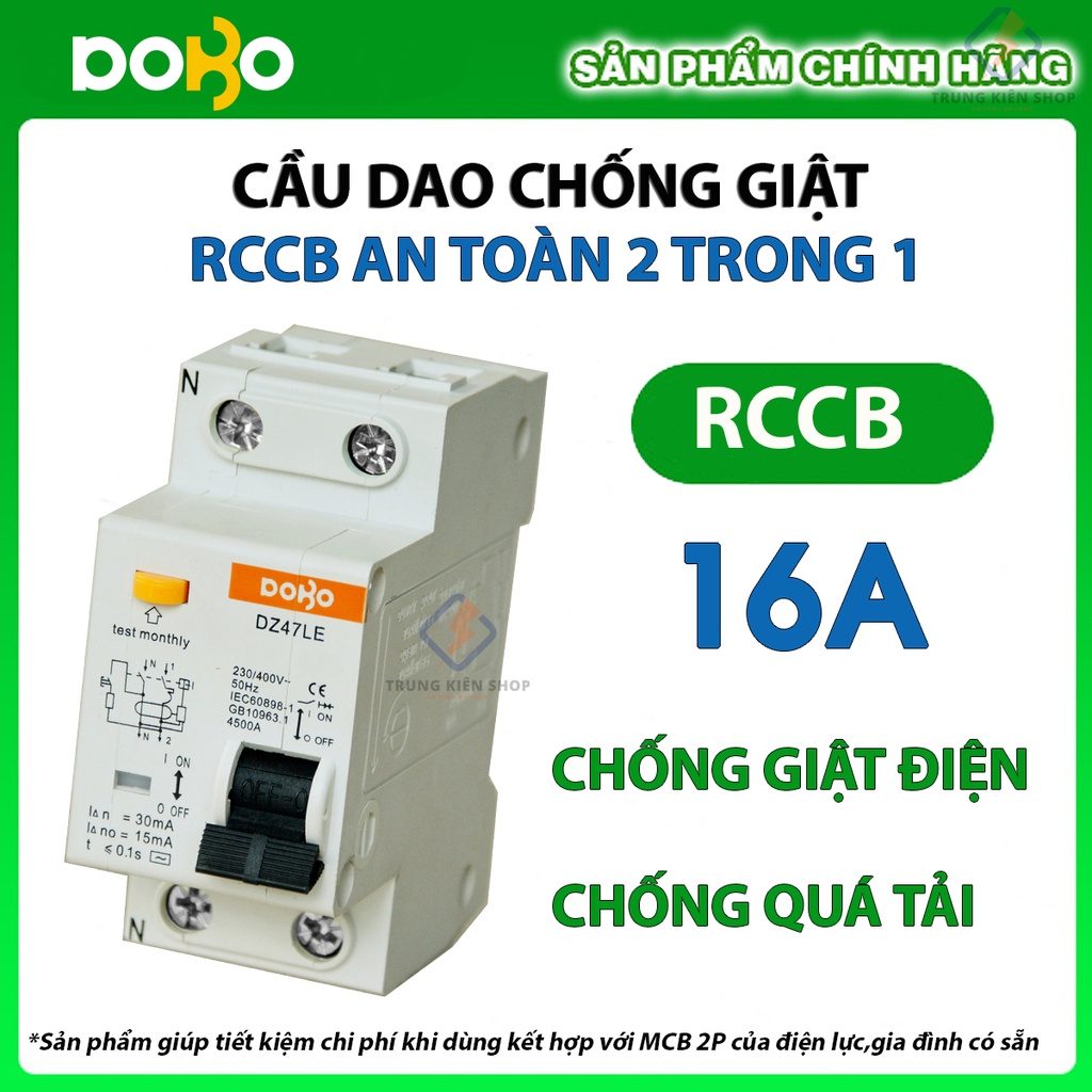 Cầu Dao Chống Giật 2P 16A - 20A - 25A 30mA RCCB DOBO KOREA đa năng - siêu nhạy - test giật trực tiếp