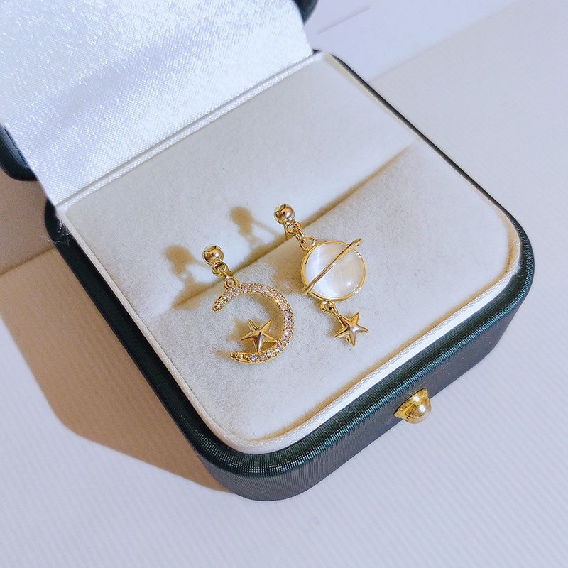 [Jiudolan] Khuyên Tai Đính Đá Opal Nhân Tạo Hình Mặt Trăng Ngôi Sao Không Đối Xứng Cho Nữ