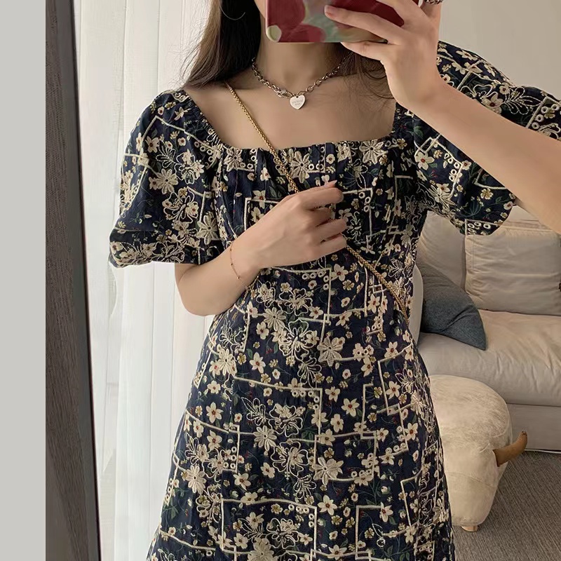 Đầm Cổ Vuông Họa Tiết Hoa Phong Cách Retro Thời Trang Mùa Hè Cho Nữ