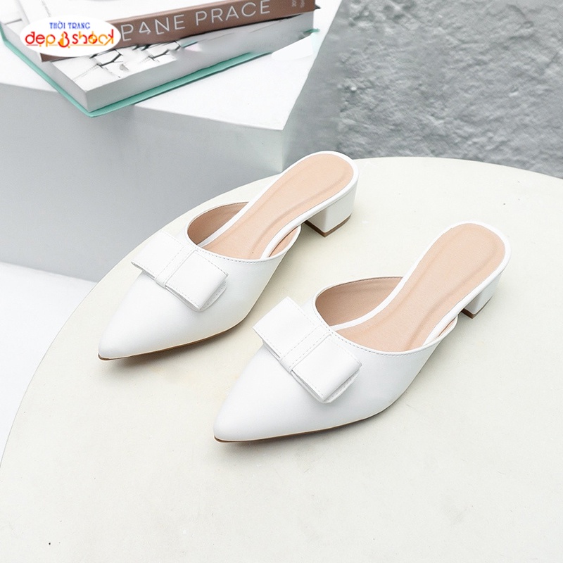 Giày sục cao gót mũi nhọn 5 phân đính nơ thời trang có big size 42 43 Depvashock X01