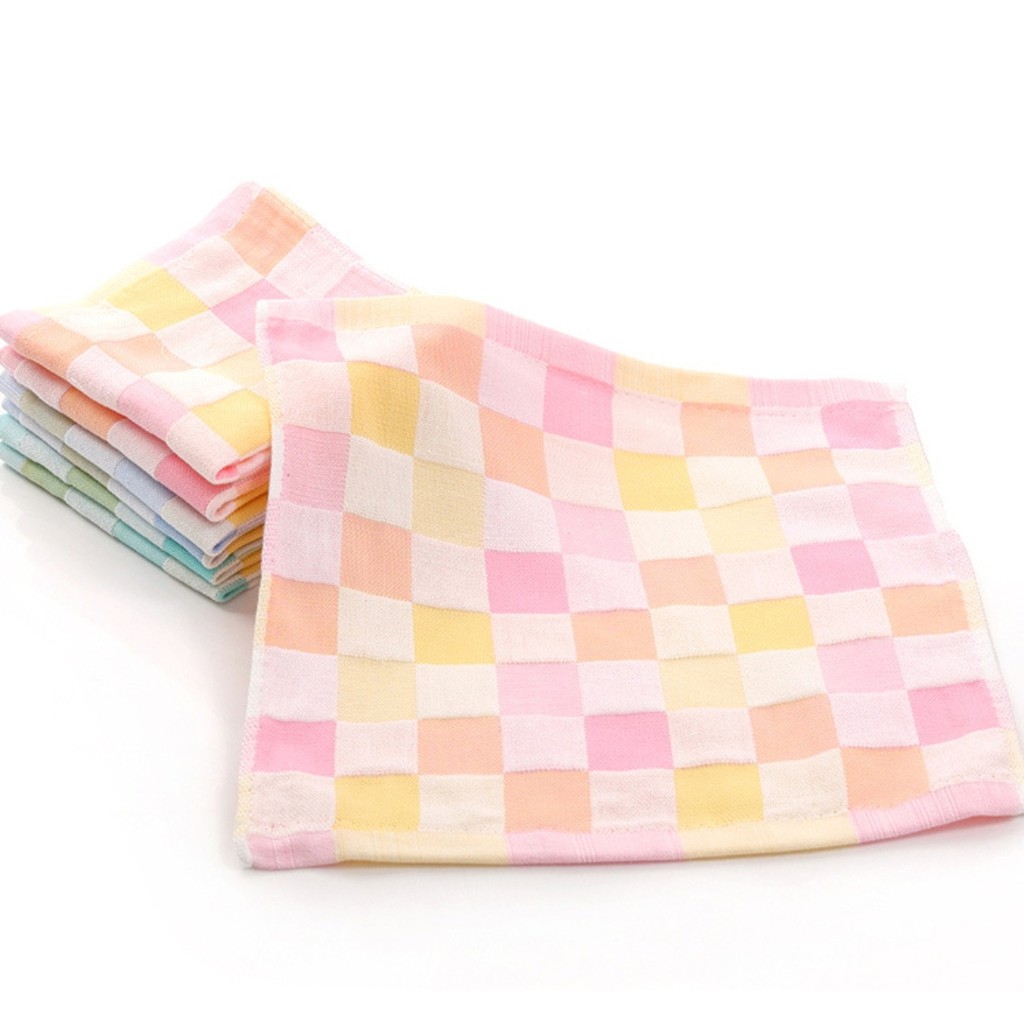 Khăn Cotton Vuông Mềm Mại Họa Tiết Sọc Caro Xinh Xắn Cho Bé 25x25cm