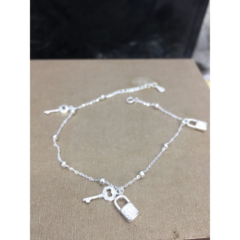 Lắc chân bi hình ổ khoá chìa khoá đính đá nhân tạo bạc chuẩn