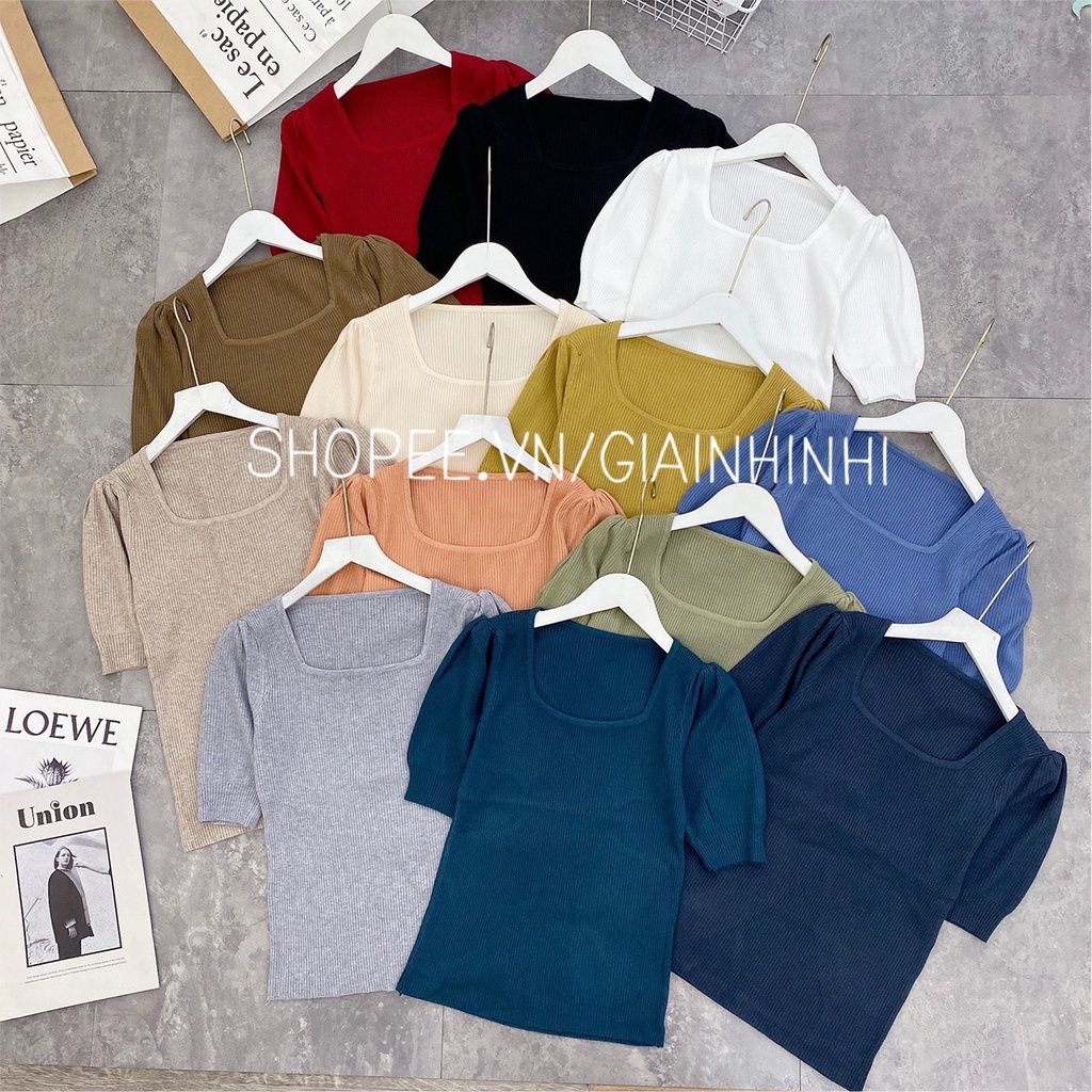 Áo len tăm cổ vuông tay bồng, Áo kiểu cổ U ngắn tay bo chun co giãn AS8511 - NhiNhi Shop