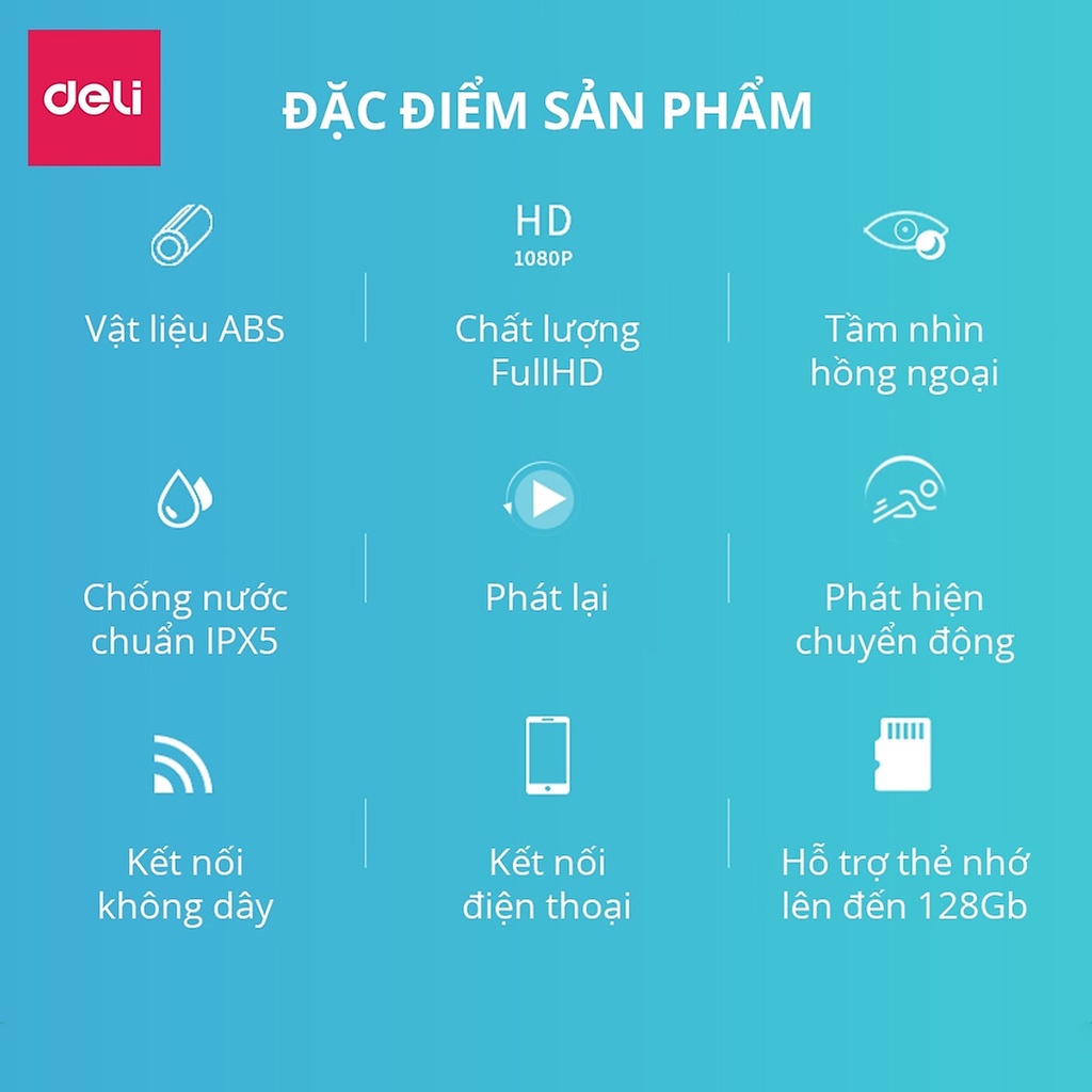 [LIFEMC02BPABAU -10% đơn 250K] Camera Wifi IP Ngoài Trời Chống Nước PTZ Deli Full HD 1080P Xoay 360 Độ ES103
