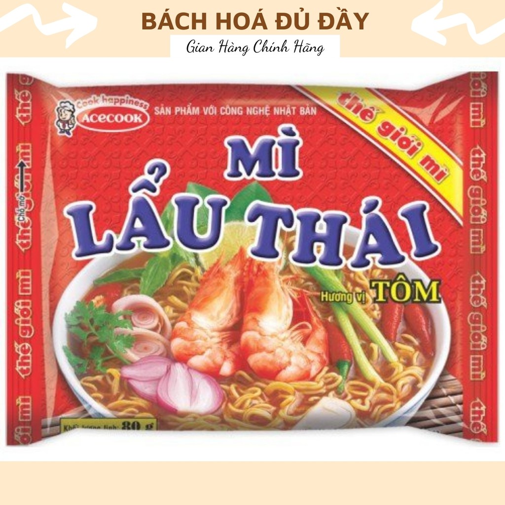 Mì gói các loại bao gồm Hảo Hảo, Gấu Đỏ, Omachi, Đệ Nhất, Miliket, 3 miền, Lẩu Thái, Cung Đình, mì chay Rau Nấm