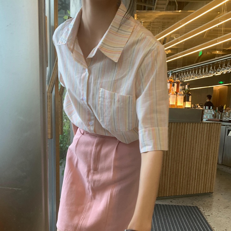 Áo Sơ Mi Ngắn Tay Họa Tiết Kẻ Sọc Phong Cách Hàn Quốc Dành Cho Nữ