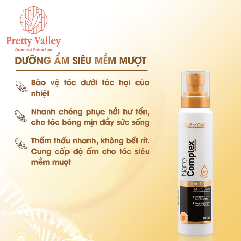 Xịt dưỡng ẩm tóc Lavox Nano Complex Silky Dual Phase Hair Spray siêu mềm mượt 180ml - Pretty Valley Store