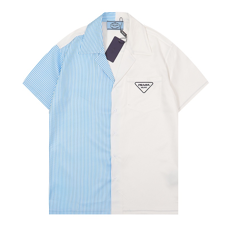Áo Sơ Mi Tay Ngắn In Họa Tiết Sọc Xanh Dương In logo PRADA Thời Trang Xuân Hè Chất Lượng Cao Cho Nam