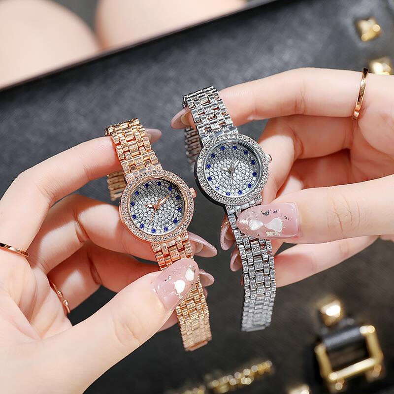Đồng hồ thời trang nữ DZG D1 đính cườm xanh mặt tròn dây kim loại gt3 | BigBuy360 - bigbuy360.vn