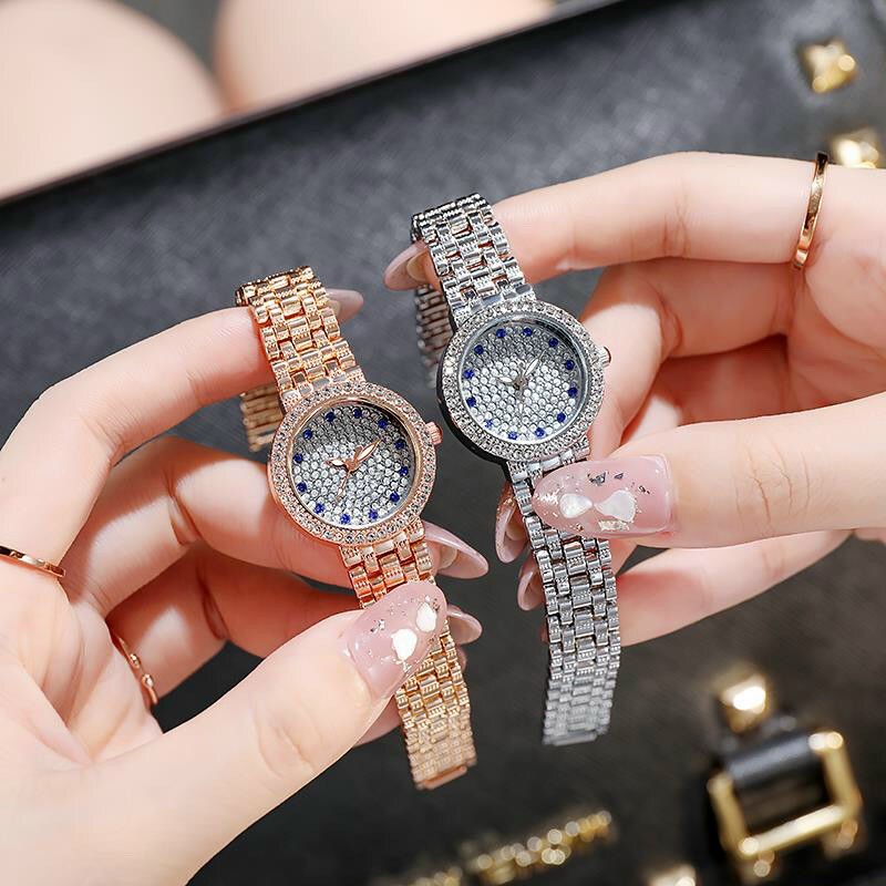 Đồng hồ thời trang nữ DZG D1 đính cườm xanh mặt tròn dây kim loại caz4c