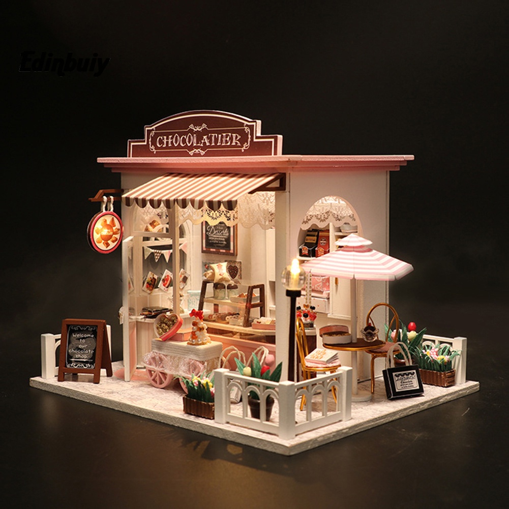 DB DIY LED Miniature Chocolate Shop Doll House Handmade Crafts Desk Decor Kids Toy