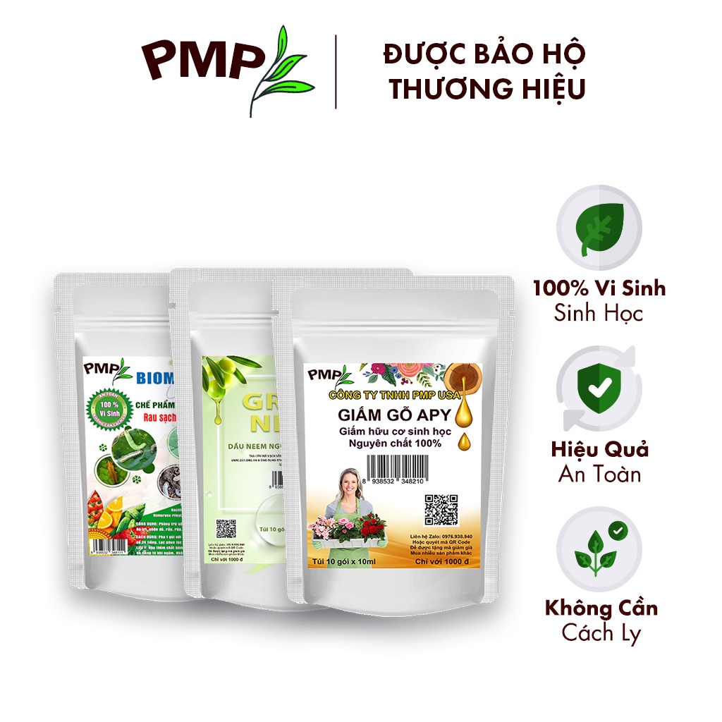 Combo Green Neem Hữu Cơ, Chế Phẩm Vi Sinh Biomic &amp; Giấm Gỗ Sinh Học APY PMP Bảo Vệ Toàn Diện Hoa Hồng, Rau, Cây Cảnh