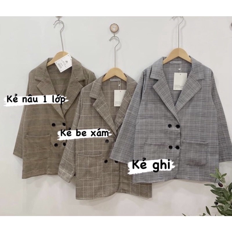 Áo blazer nữ hai lớp dài tay vest kẻ caro cao cấp form suông Hàn Quốc